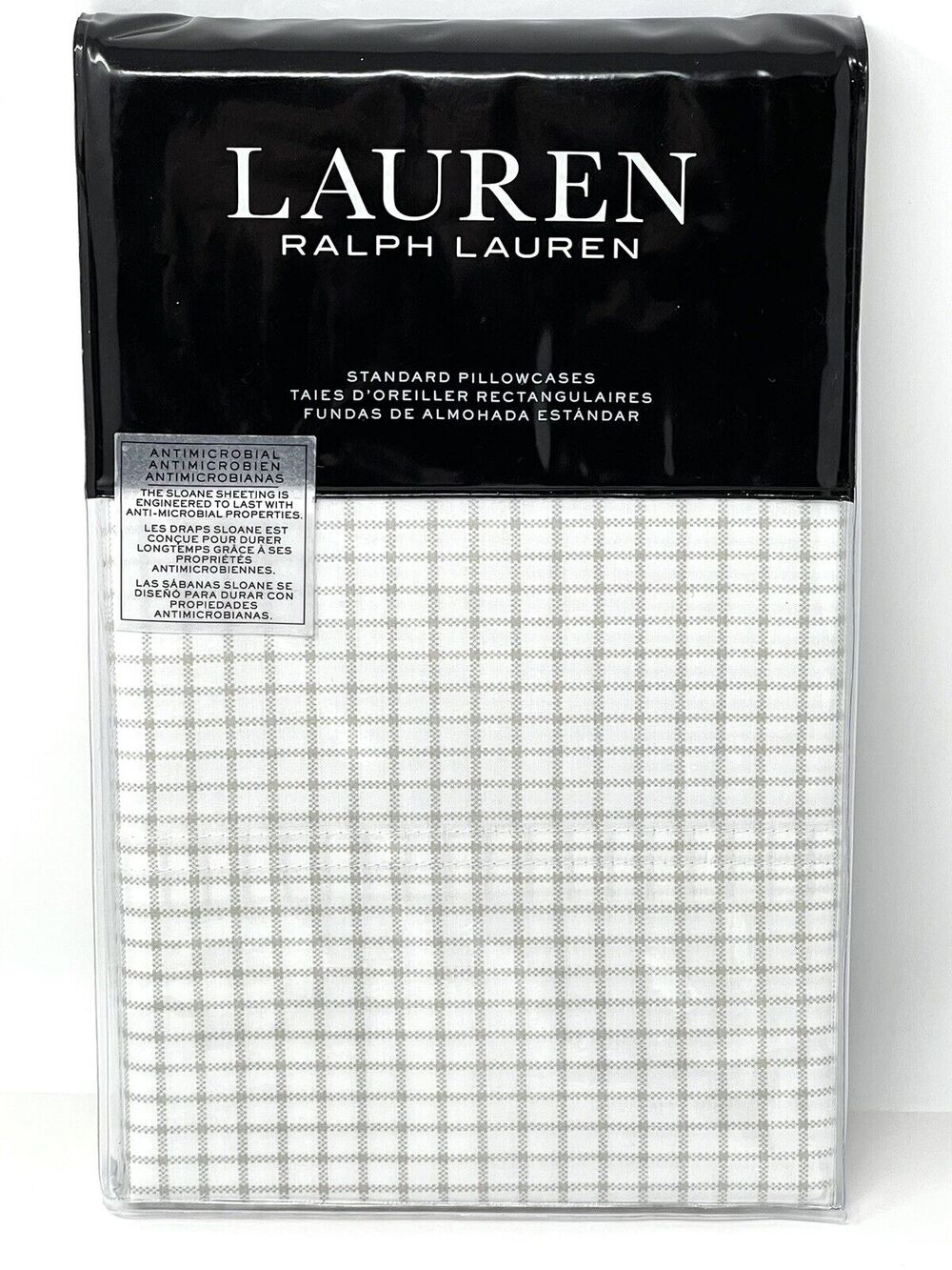 Ralph Lauren Grey SLOANE CHECK Standard Pillowcases Antimicrobial Cotton Percale